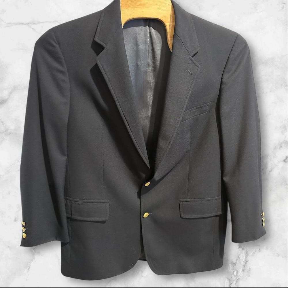Brooks Brothers‎ Brooksease 44 LG Navy Blue Metal Gold 2-Button Wool Blazer